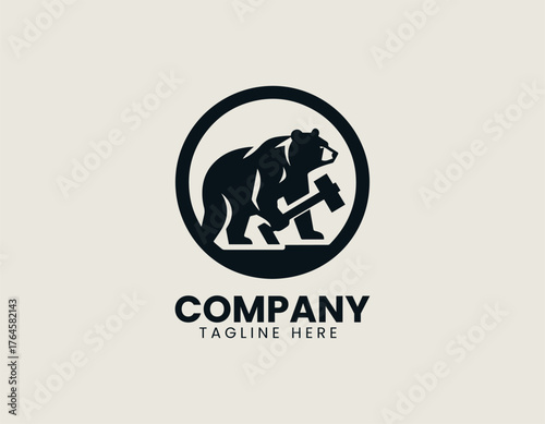 Strong black bear symbolizing iron blacksmith power in bold vintage vector logo design illustration