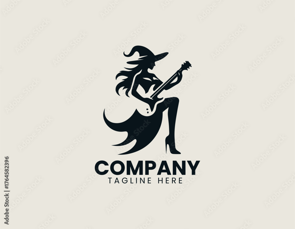 Fototapeta premium Witch holding electric guitar in creative fantasy vector logo design illustration