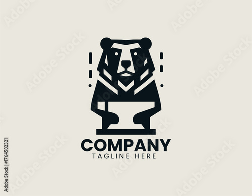 Strong black bear symbolizing iron blacksmith power in bold vintage vector logo design illustration