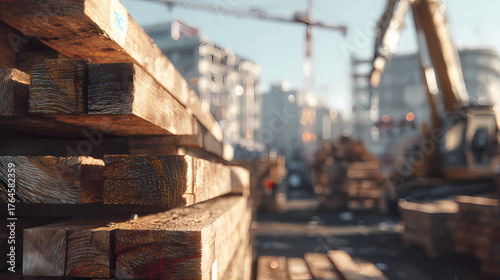Wooden beams stacked on a construction site. In the background are various heavy machinery and buildings under construction. A symbol of industry and progress.