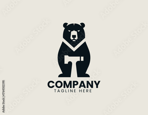 Strong black bear symbolizing iron blacksmith power in bold vintage vector logo design illustration
