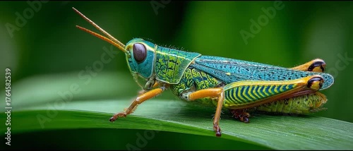Grasshopper on Leaf: A vibrant and detailed image of a grasshopper resting on a leaf, highlighting its intricate patterns and colors. Emphasizing the marvels of insect life.