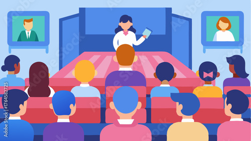 A school auditorium bustling with parents and teachers discussing the importance of digital support networks for students mental health and wellbeing.