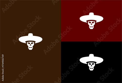 Skull wearing a sombrero, shown in three different color backgrounds