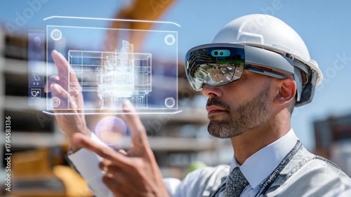 Construction Site: A construction worker immersed in augmented reality, visualizing blueprints with a sleek headset and innovative technology.