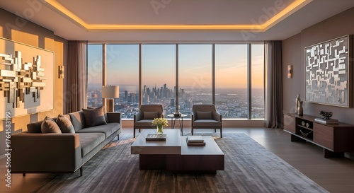 A penthouse suite with elegance living area and panoramic window