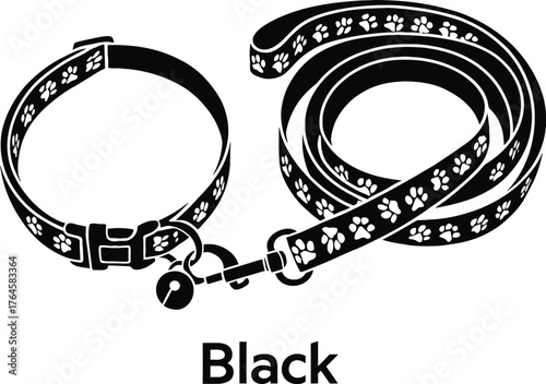Black Pet Dog or Cat Collar and Leash Set with Paw Print Pattern and Bell. Outline Vector Illustration on White Background for Walking and Training. Adobe Illustrator Artwork