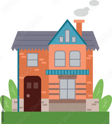 Flat vector house illustration. Cute suburban home with garden and chimney.