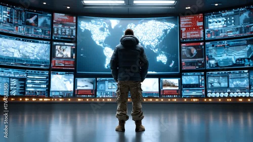 Guardian of Global Data: A solitary figure, poised vigilantly, stands before a vast array of screens displaying intricate data, charting the intricate connections of the world.