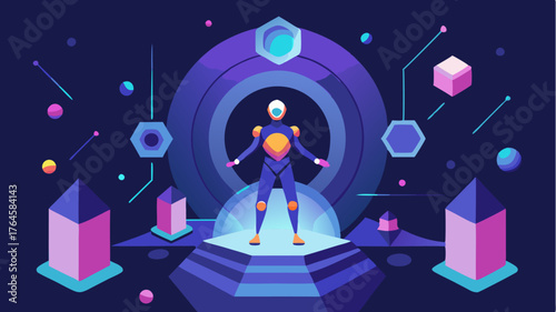 A player emerging from a virtual portal surrounded by swirling digital effects and an array of collectible items.