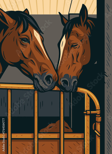 Two Horses in Stalls Touching Noses Vector Illustration. Vintage Stable Scene with Farm Animals, Friendship, and Western Country Life. Equestrian Retro Poster Art Adobe Illustrator Artwork