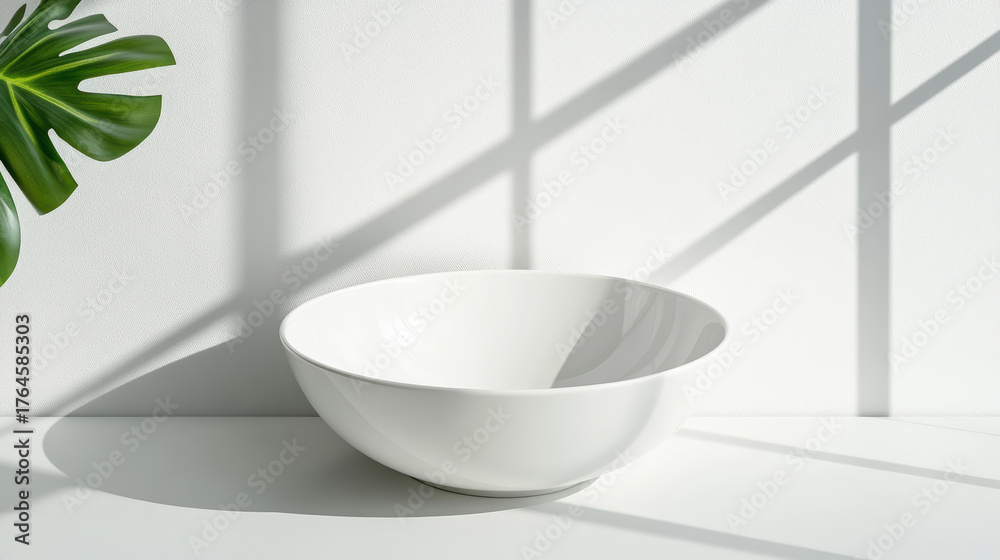 Fototapeta premium White bowl with sunlight reflection creates serene atmosphere, complemented by green leaf