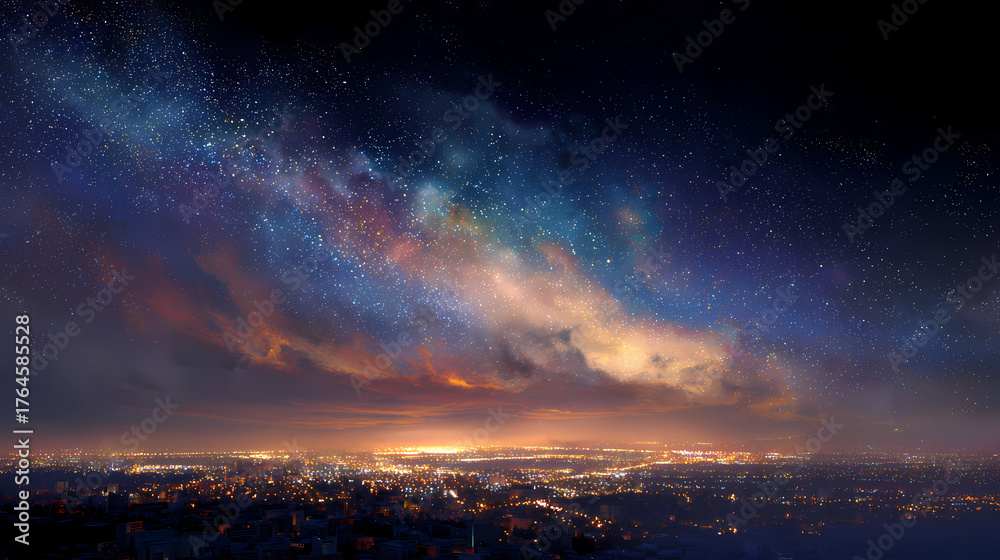 Fototapeta premium A celestial view of stars over a cityscape, creating a beautiful contrast between the earthly and the cosmic. The image is awe-inspiring and evokes a sense of wonder. 