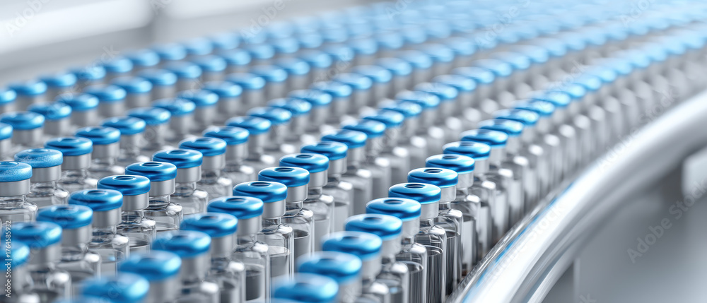 Fototapeta premium Pharmaceutical drug development process shown with rows of glass vials with blue caps on production line conveying innovation and precision in medical manufacturing