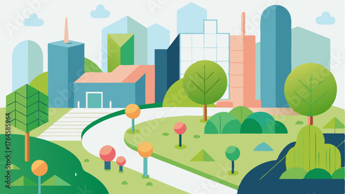 Urban park illustrated with 3D geometric overlays highlighting biodiversity vegetation types and air quality measurements.