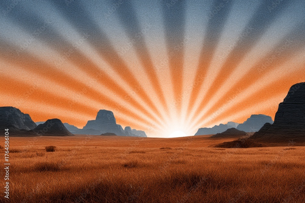 Fototapeta premium Retro-style poster of sunrise over desert with vintage text