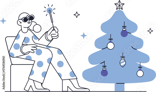Modern Minimalist Illustration of Person Decorating Christmas Tree in Polka Dot Pajamas