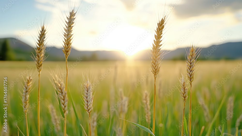 Fototapeta premium Golden wheat field at sunset, capturing serene beauty of nature bounty