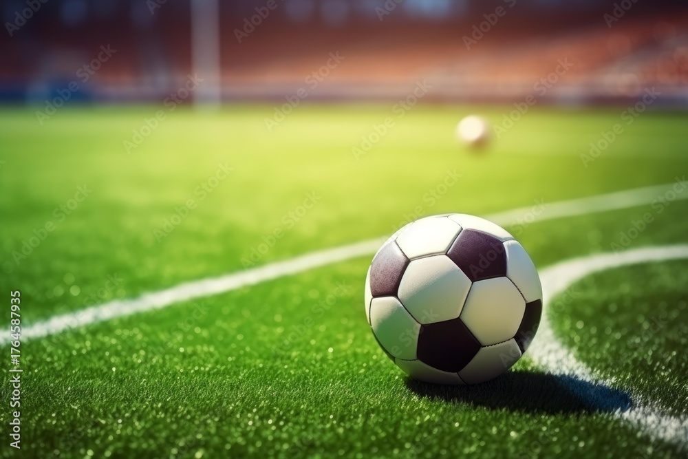 Fototapeta premium Classic soccer ball positioned on a vibrant green field inside a stadium, bathed in the warm glow of sunset