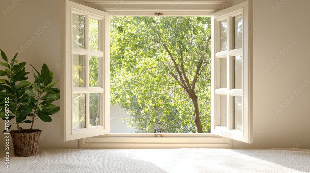 Fototapeta premium Fresh greenery visible through open window creates peaceful home atmosphere