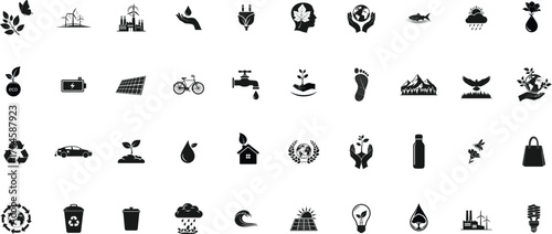 Ecology silhouette icon set. solar panel, green environment, renewable energy design, sustainability eco icon, leaf eco symbol, green technology vector, eco friendly editable icons.