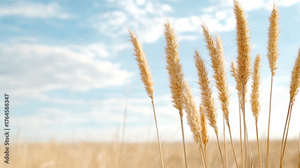 Fototapeta premium Golden grass swaying gently under bright blue sky, creating serene and peaceful atmosphere