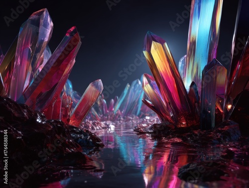 Colorful crystals rise from...