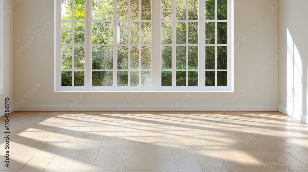 Obraz premium Bright window frame casting shadows on wooden floor, creating calm atmosphere