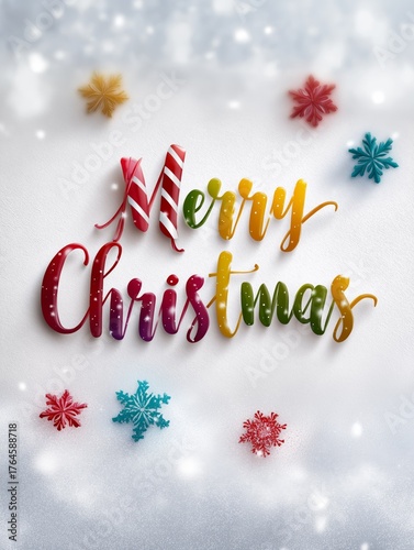 Whimsical holiday card design featuring colorful lettering that spells Merry Christmas, adorned with playful snowflakes and festive decorations, perfect for seasonal greetings and celebrations