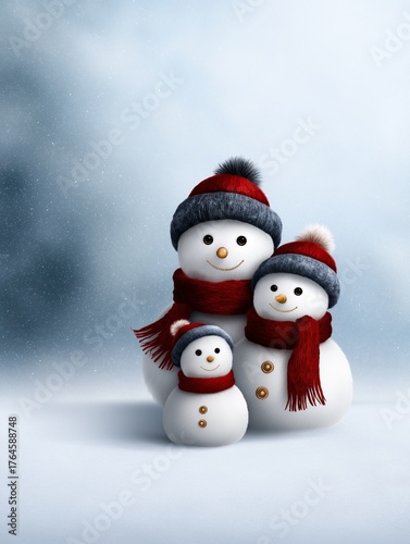 Whimsical holiday greeting card featuring a cute snowmen family wearing cozy hats and scarves, creating a joyful winter scene with a soft snowy background and festive atmosphere