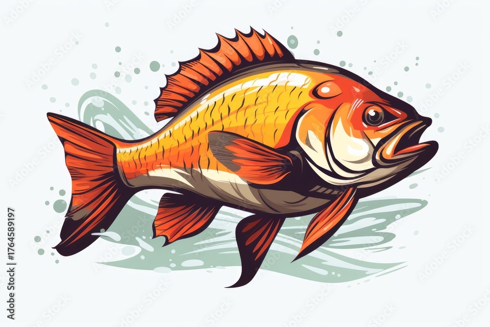 Fototapeta premium Illustration of a vibrant, orange and yellow fish swimming, creating splashes in the water