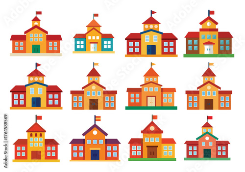 Collection of colorful cartoon school buildings with flags on top and windows and doors