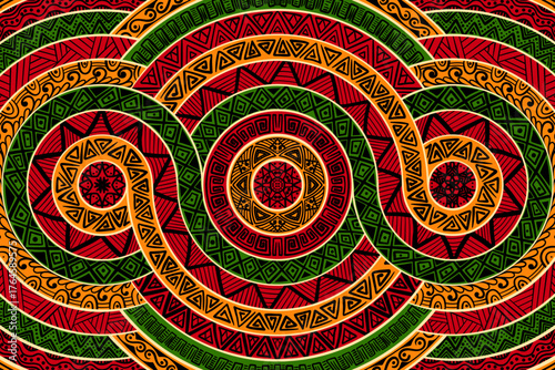 Seamless african pattern. Ethnic and tribal motifs. Orange, red, yellow, blue and black colors. Grunge texture. Vintage print for textiles. Bohemian hand-drawn ornament. Vector illustration.