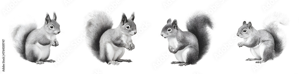Obraz premium Squirrel Illustration Set: Detailed Graphite Drawings of Bushy-tailed Rodents