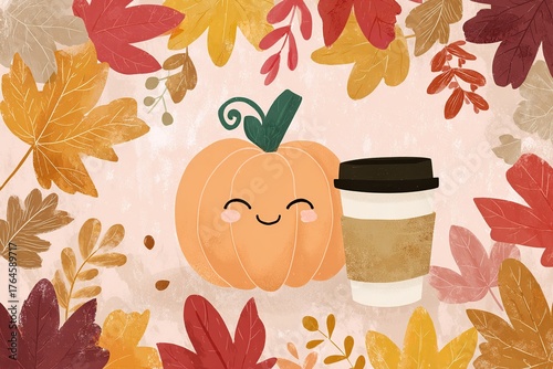 Happy Thanksgiving Day with pumpkin and coffee cup