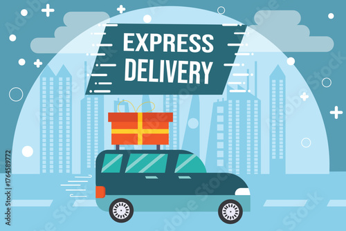 Flat vector illustration of a delivery car carrying a large gift box on its roof,driving through a modern cityscape.Concept for express shipping,gift delivery service or online shopping
