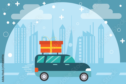 Flat vector illustration of a delivery car carrying a large gift box on its roof,driving through a modern cityscape.Concept for express shipping,gift delivery service or online shopping