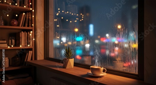 Cozy rainy night scene with coffee, books, and lights by the window
