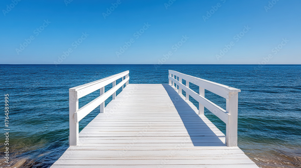 Fototapeta premium Serene wooden pier extends into calm ocean under clear blue sky, inviting tranquility