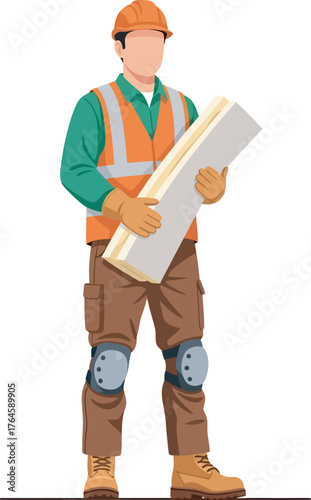Construction worker in safety gear holding building material.