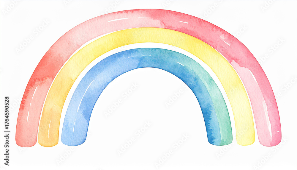 Fototapeta premium Cute hand-painted rainbow with soft watercolor strokes, gentle pastel tones, isolated on white