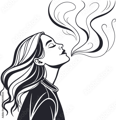 Artistic silhouette of a woman smoking with smoke wisps ascending art isolated on transparent background