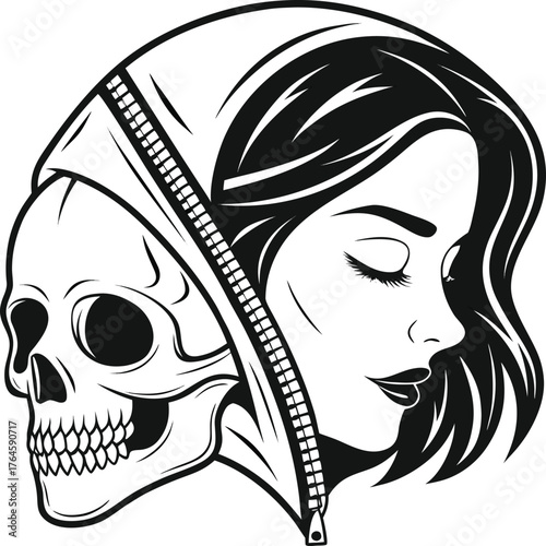 Mysterious woman silhouette with skull overlay for dark themed designs isolated on transparent background