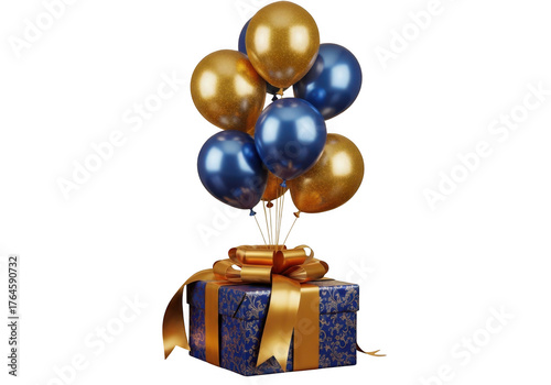 Festive blue and gold balloons tied to a decorated gift box isolated on transparent background