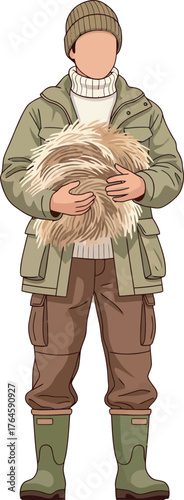 Person in winter clothing holding a bundle of hay.