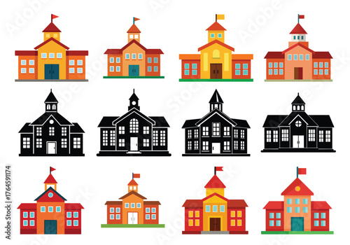 Collection of colorful school buildings and their silhouettes on a white background