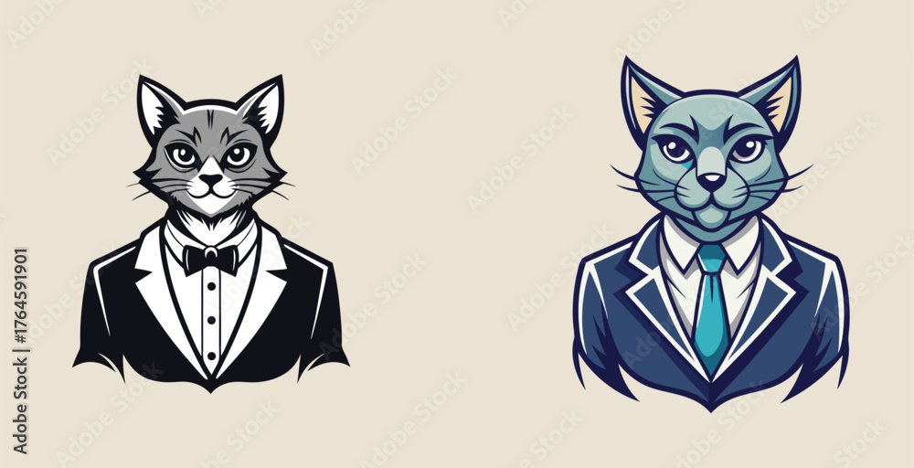 Obraz premium Stylish elegant sharp dignified cat in professional suit logo vector art design illustration