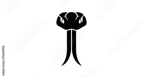 Black snake head logo design with forked tongue and open mouth.