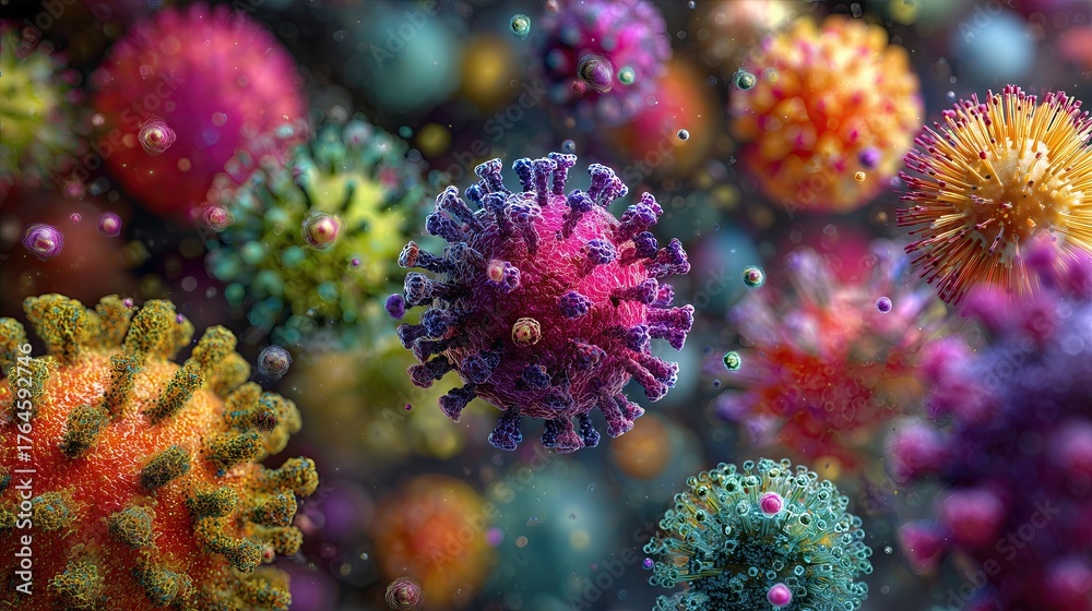 Fototapeta premium Photorealistic 3D illustration of diverse viruses floating in microscopic space, showing detailed viral structures, textures, and shapes in scientific visualization style, generative ai illustration.