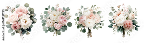 Watercolor set of wedding bouquets. Bride's bouquet with pink and yellow roses and green eucalyptus leaves. Wedding floral attributes. Romantic hand drawn flowers. Vector illustration.